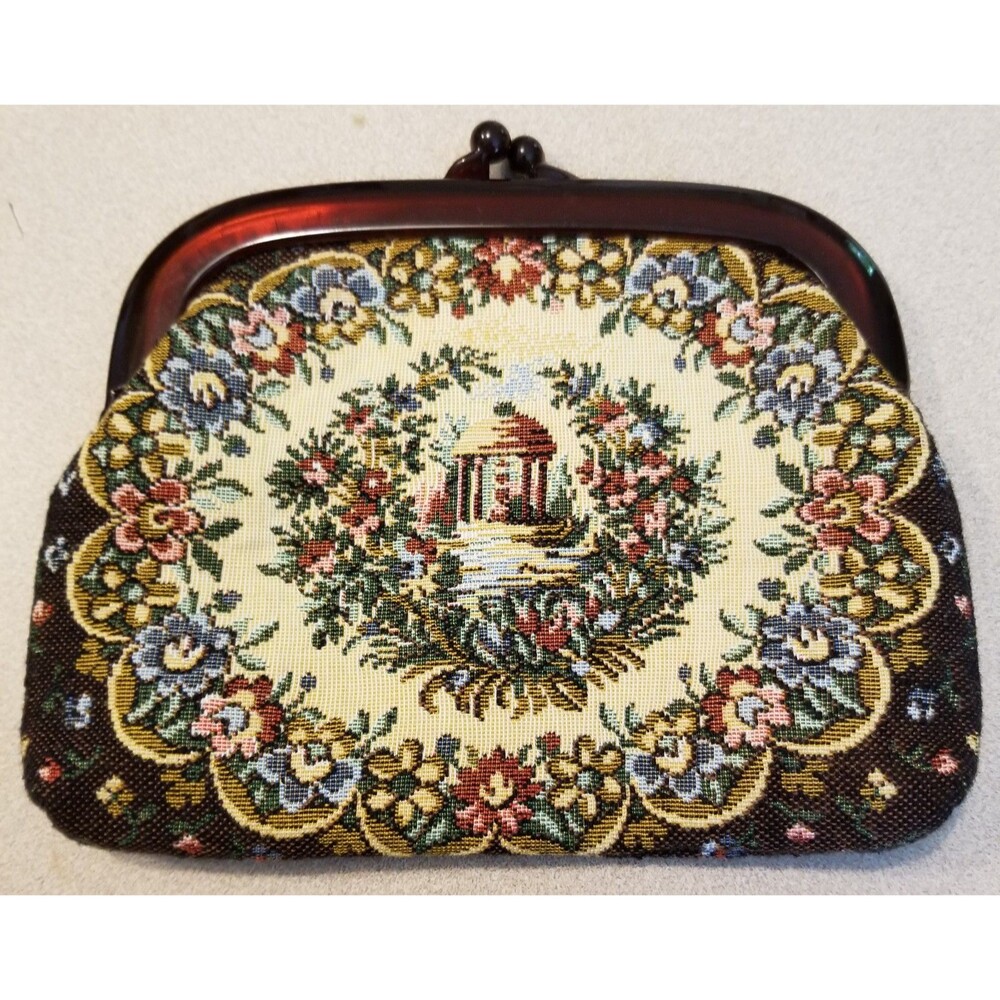Vintage tapestry petit point needlepoint snap clutch purse bakelite handle